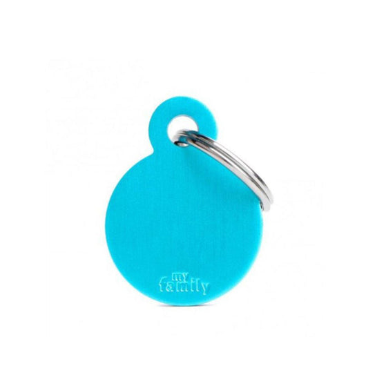 Placa ID My Family Círculo Pequeño Celeste en Aluminio | Accesorios Perros y Gatos | Anipet Colombia