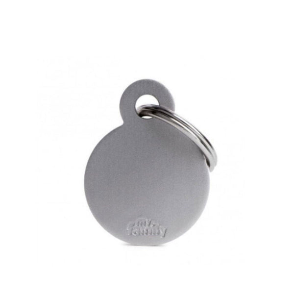 Placa ID My Family Círculo Pequeño Gris en Aluminio | Accesorios Perros y Gatos | Anipet Colombia