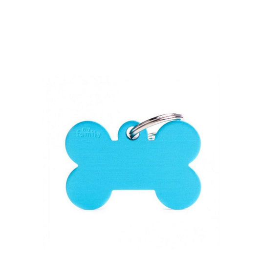 Placa ID My Family Hueso Grande Celeste en Aluminio | Accesorios Perros | Anipet Colombia