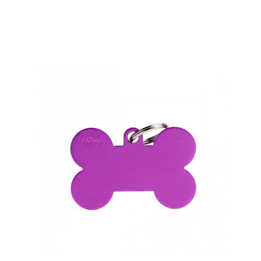Placa ID My Family Hueso Grande Violeta en Aluminio | Accesorios Perros | Anipet Colombia