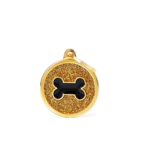 Placa ID My Family Círculo Grande Hueso Oro Glitter | Accesorios Perros y Gatos | Anipet Colombia